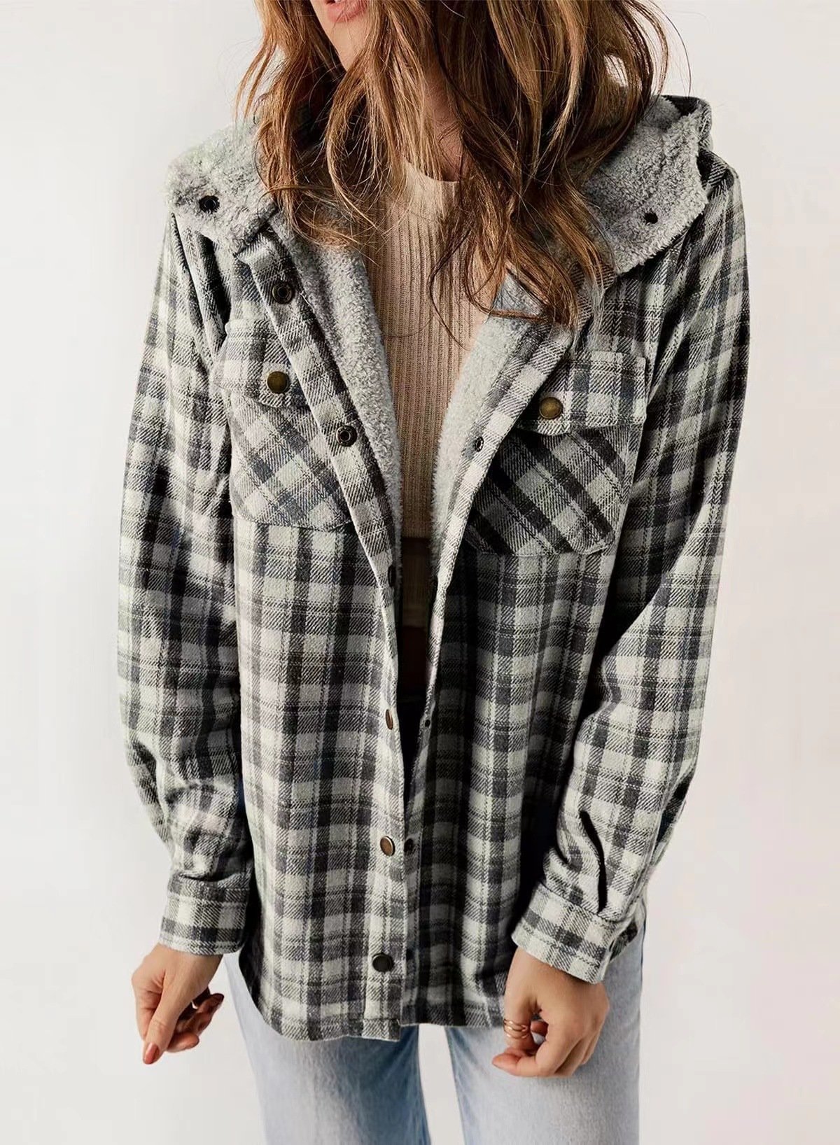 🐻Plush Check Print Hooded Coat
